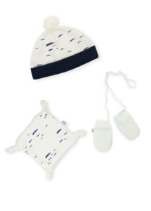 coffret pack kit naissance cadeau bébé hiver bonnet moufles doudou marine