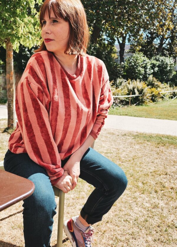 Sweat femme éponge rayé brique