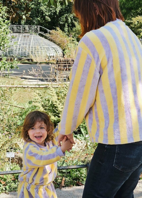 duo sweat femme enfant eponge bambou rayé lilas jaune