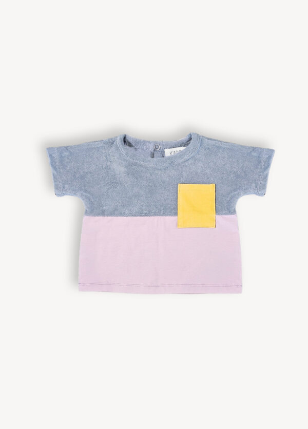 T shirt bébé et enfant tricolore bleu, lilas & jaune – Image 2